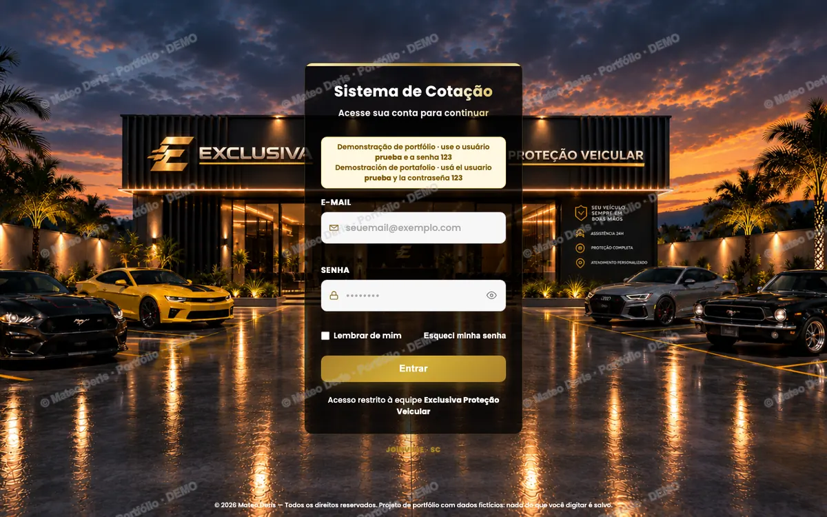 Pantalla de acceso del Sistema de Cotización de Exclusiva Proteção Veicular